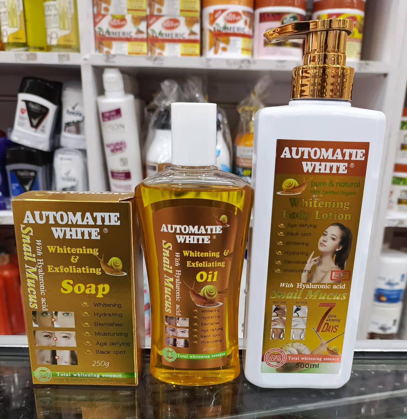 PACK!! Automatie white  whitening soap ,Oil and Body lotion with Snail mucus helps whitening,moisturize,remove black spots,stretch mark and hydrating your skin.