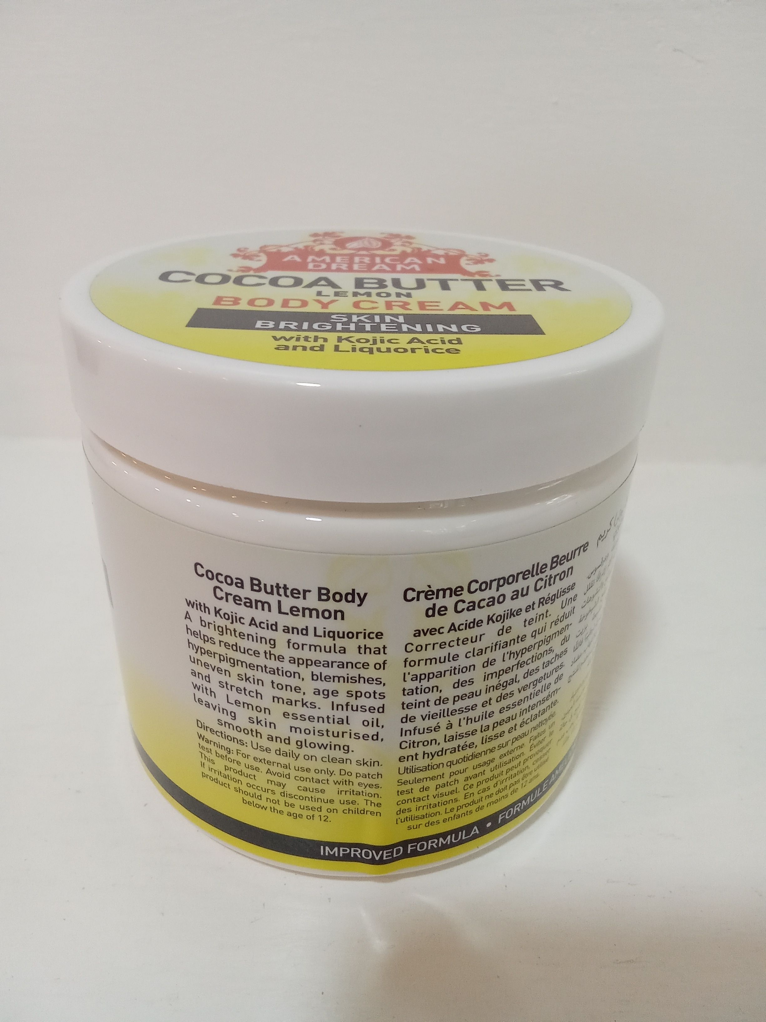 American dream cocoa butter lemon body cream rich in lemon oil acts as antibacteria kojic acid brightens clear dark spots Cocoa butter moisturize soften nourish skin licorice protect against sun damag