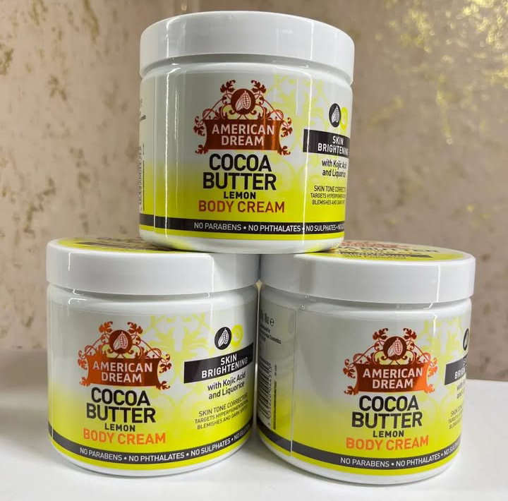 American dream cocoa butter lemon body cream rich in lemon oil acts as antibacteria kojic acid brightens clear dark spots Cocoa butter moisturize soften nourish skin licorice protect against sun damag