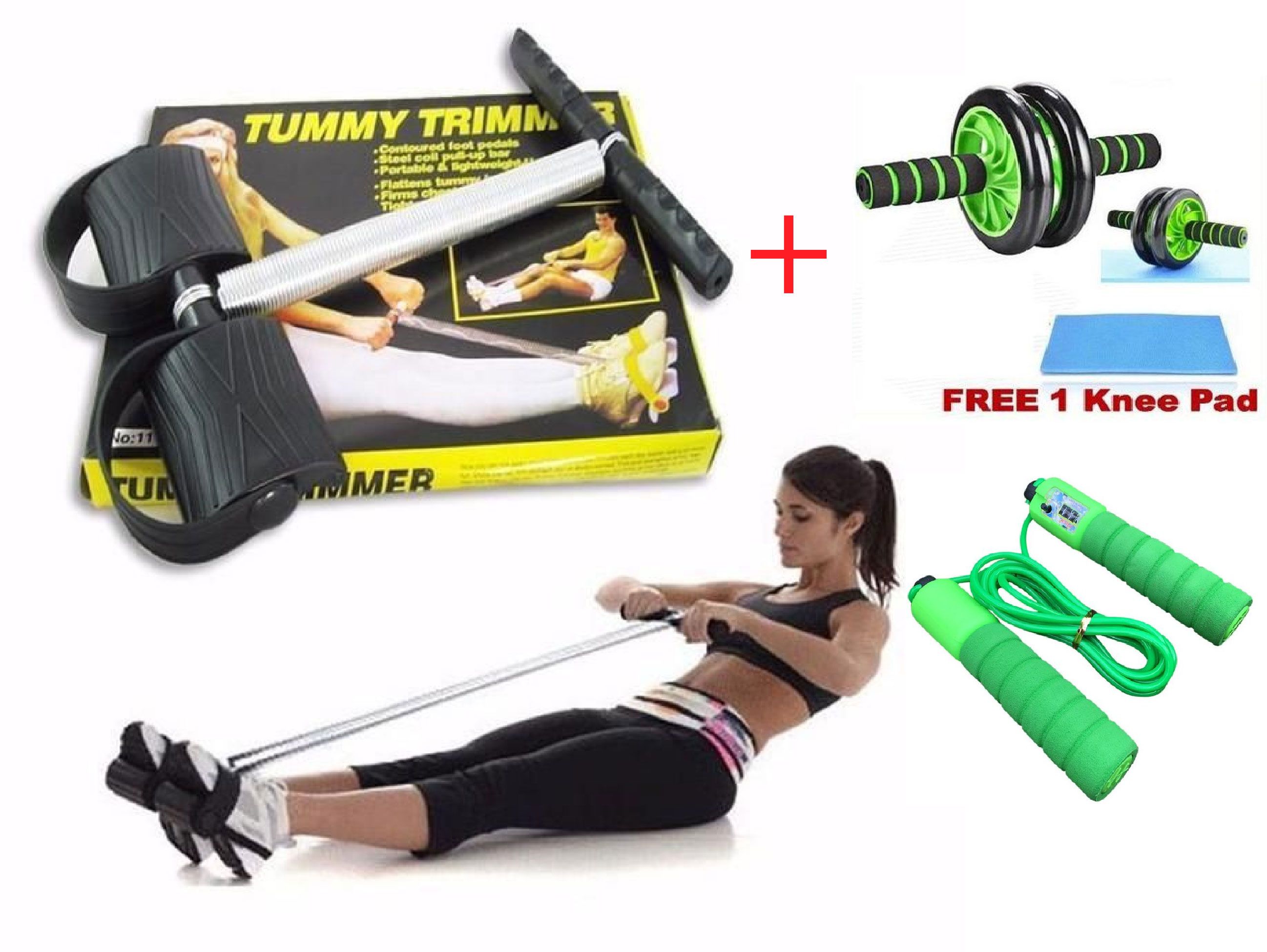 Exclusive Offer !! Original Tummy trimmer + ABS ROLLER with mat + skipping rope Tummy Trimmer Portable Belly Slimming Foot Pedal Abdomen Leg Exerciser Elastic Sit Up Abdomen Gym
