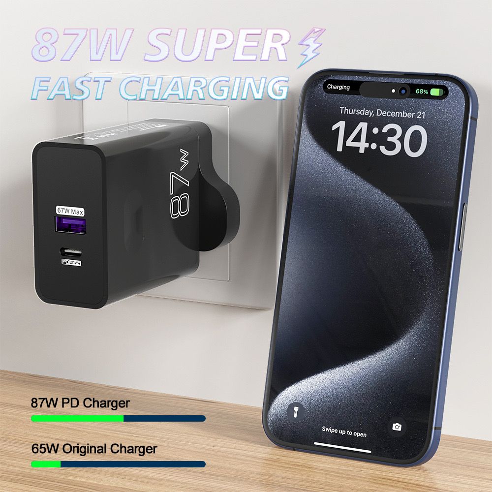 87W Dual Fast Charging A+C Phone Charger PD20W+USB67W Full Protocol Compatible Super Fast Charging Adapter - Excellent Compatibility