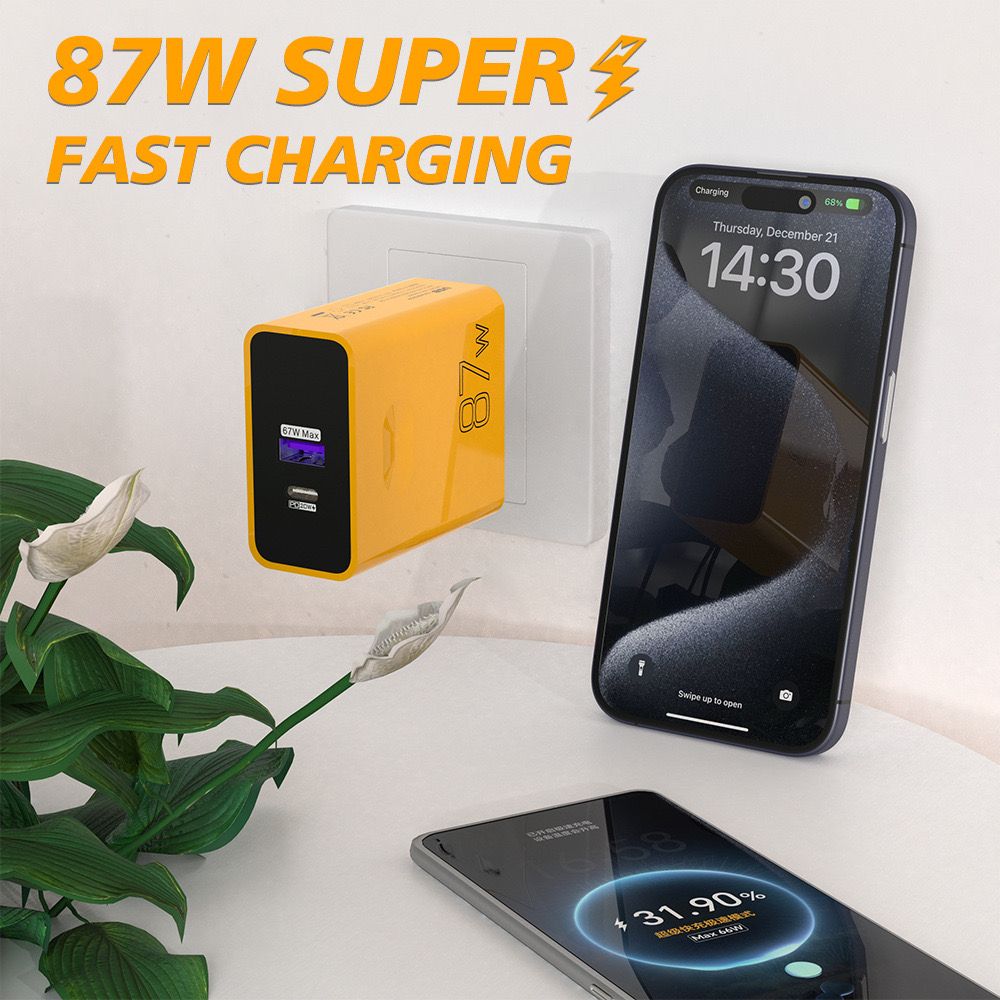 87W Dual Fast Charging A+C Phone Charger PD20W+USB67W Full Protocol Compatible Super Fast Charging Adapter - Excellent Compatibility