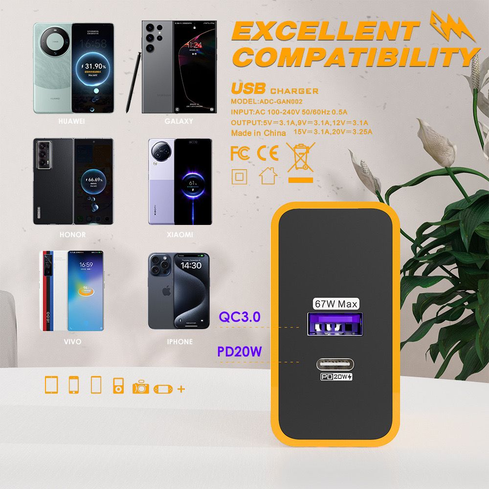 87W Dual Fast Charging A+C Phone Charger PD20W+USB67W Full Protocol Compatible Super Fast Charging Adapter - Excellent Compatibility