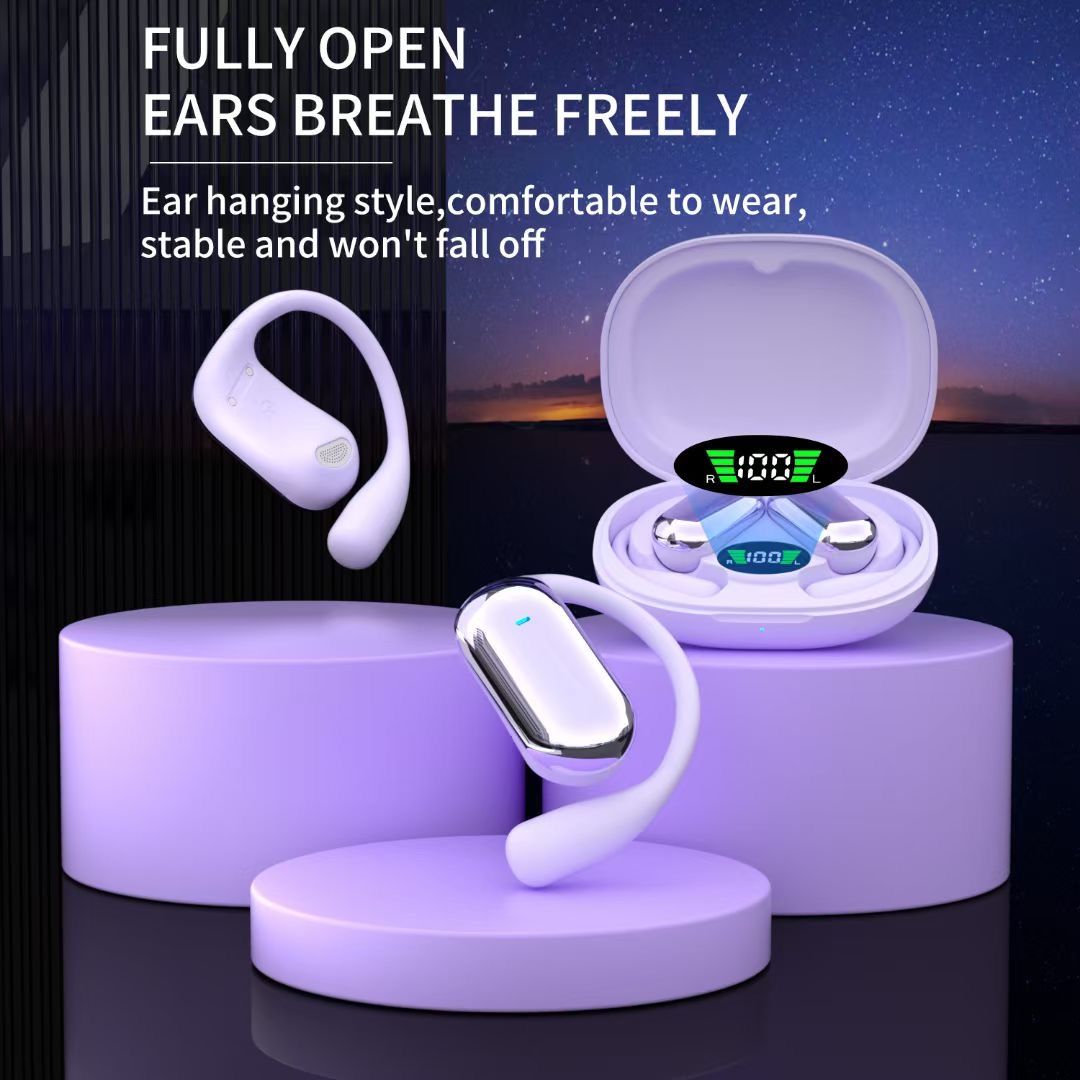 YYK-Q16S Wireless Open-Ear Hook Earphones with Deep Bass, Silicone, Noise-Cancelling, Long Battery Life, Digital Display Charging Indicator, Ideal for Running and Sports