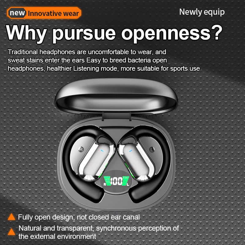 YYK-Q16S Wireless Open-Ear Hook Earphones with Deep Bass, Silicone, Noise-Cancelling, Long Battery Life, Digital Display Charging Indicator, Ideal for Running and Sports
