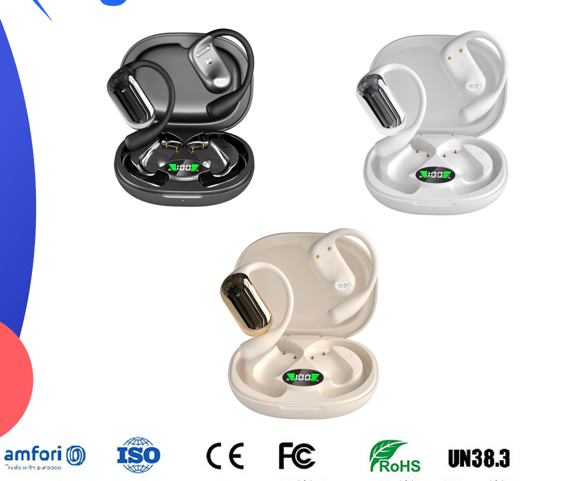 YYK-Q16S Wireless Open-Ear Hook Earphones with Deep Bass, Silicone, Noise-Cancelling, Long Battery Life, Digital Display Charging Indicator, Ideal for Running and Sports