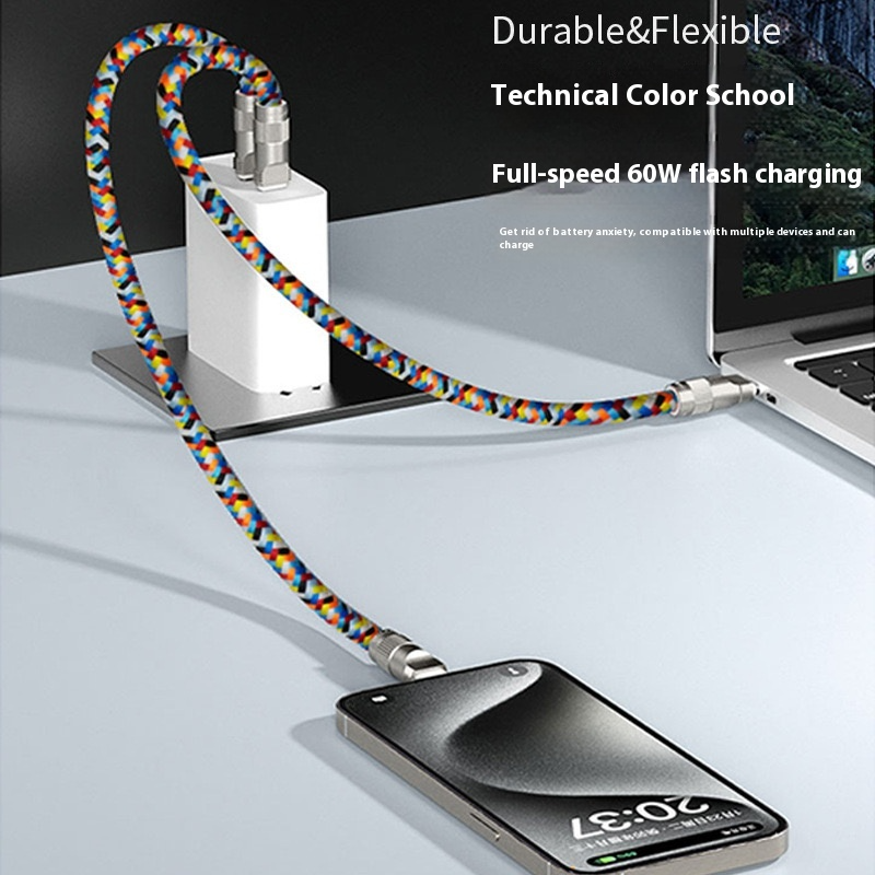 2-in-1 Phone Lanyard Charging Cable, Braided Anti-Lost Strap, PD 60W Fast Charge Data Cable, Compatible with C to C or C to Lightning