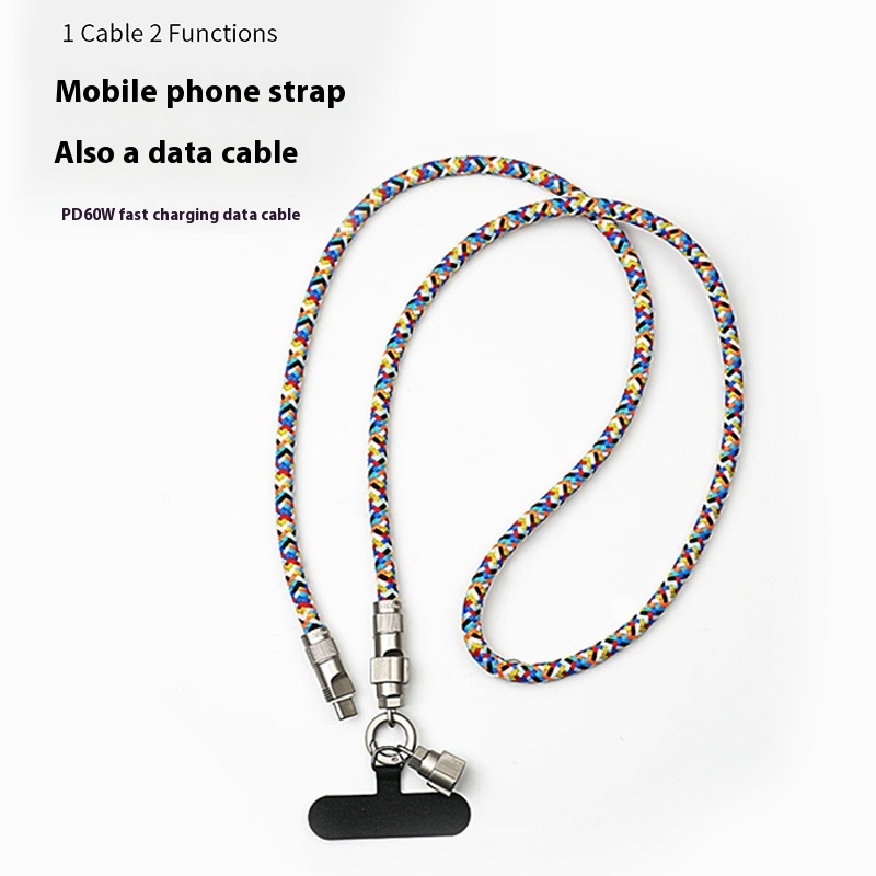 2-in-1 Phone Lanyard Charging Cable, Braided Anti-Lost Strap, PD 60W Fast Charge Data Cable, Compatible with C to C or C to Lightning
