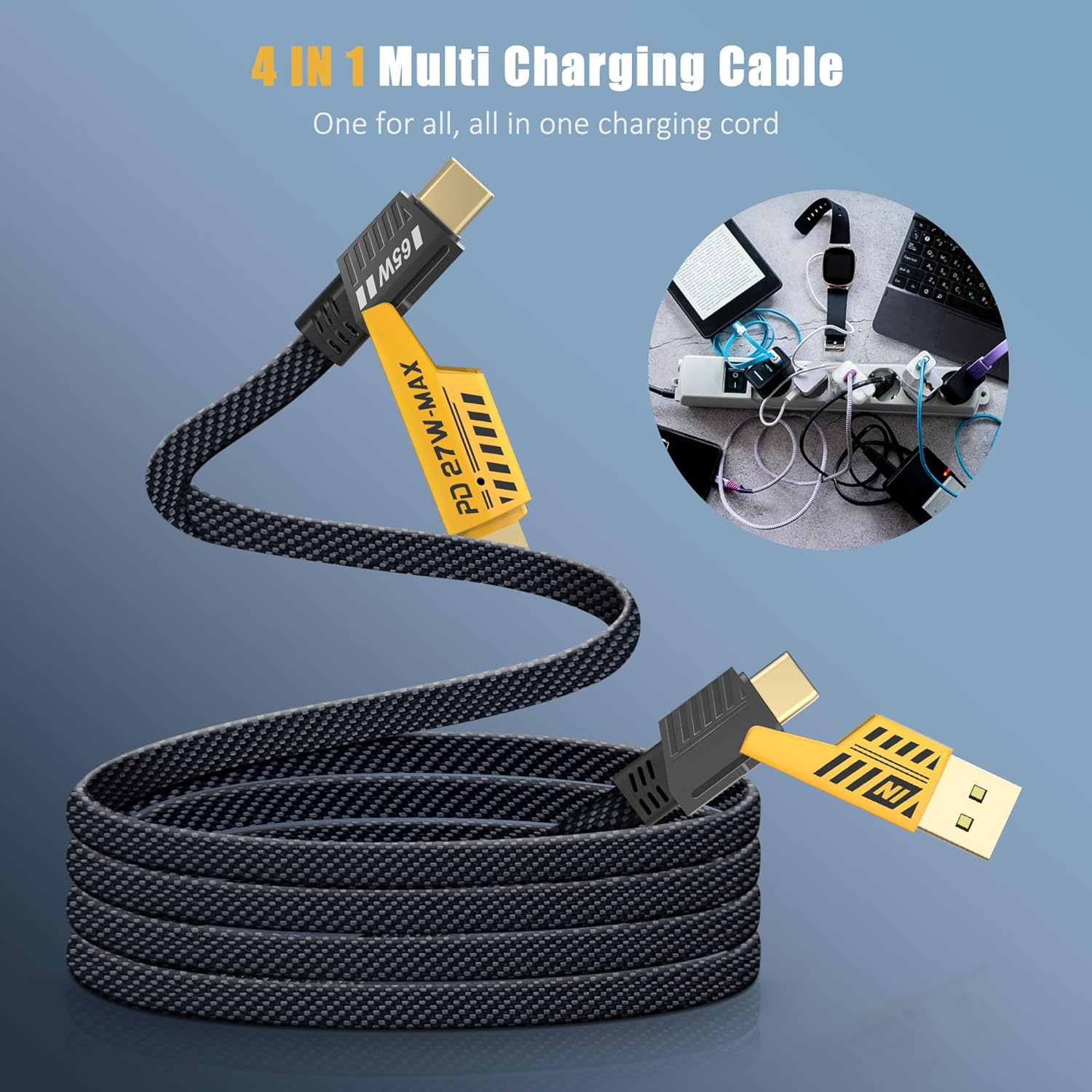 65W + 27W Mecha-Style 4-in-1 Nylon Braided Cable, Fully Compatible