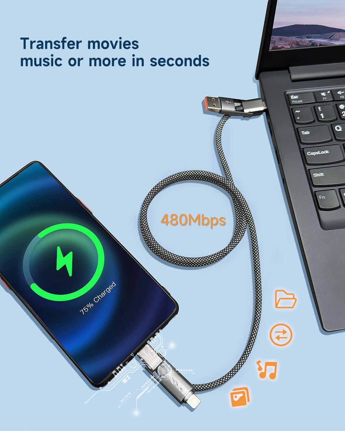 Magnetic 65W + PD 27W 4-in-1 Fast Charging Cable, widely Compatible, Portable, and Easy to Store.