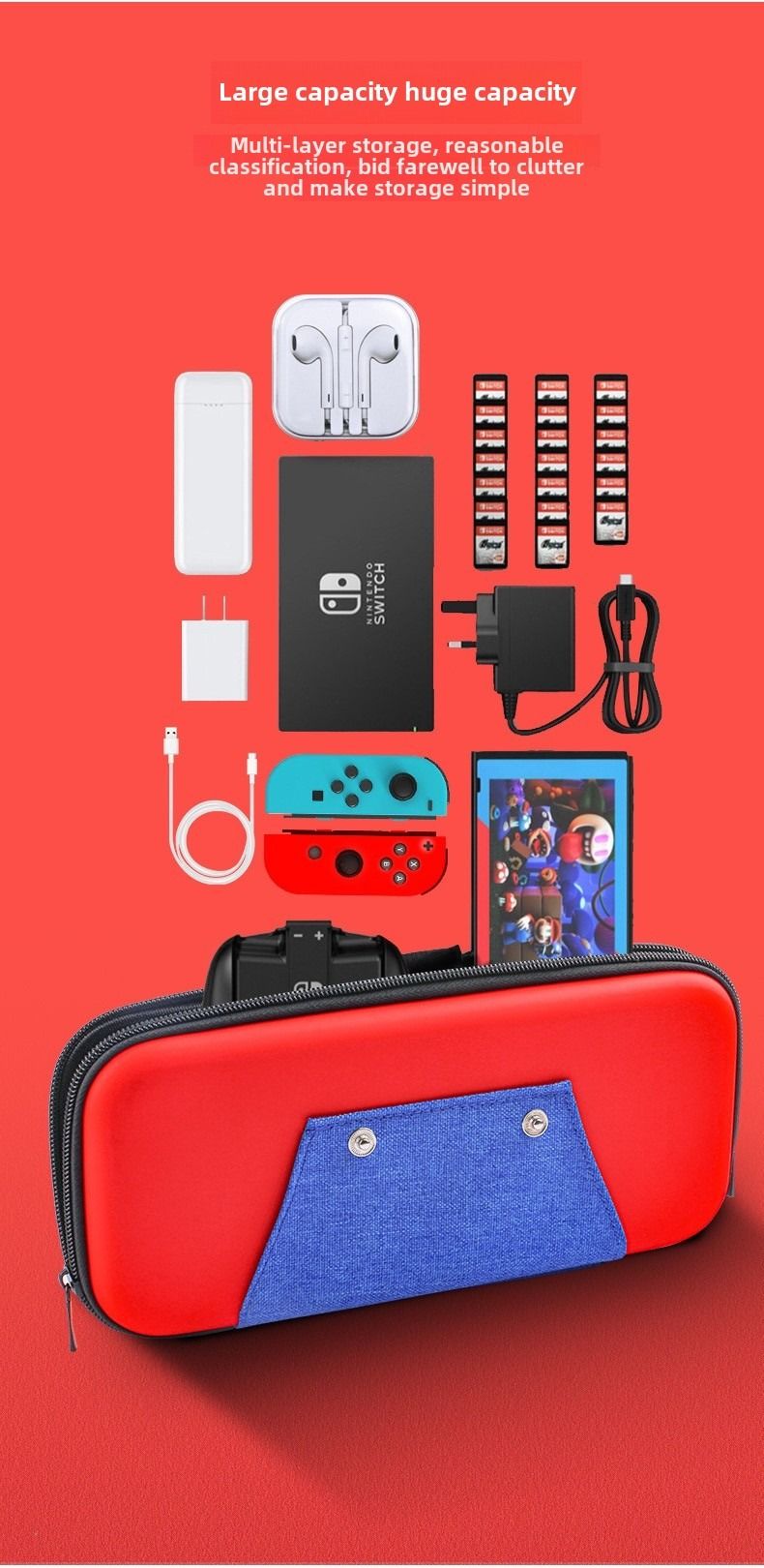 Nintendo Switch or OLED version Carrying Case - Shockproof NS Hard Shell Protection with Double-Layer Storage for Game Cards and Accessories
