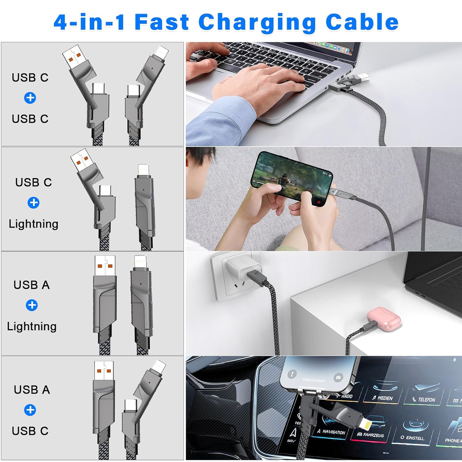 4-in-1 Zinc Alloy Data Cable Dual-Head 66W Braided Fast Charging Cable  + PD 2