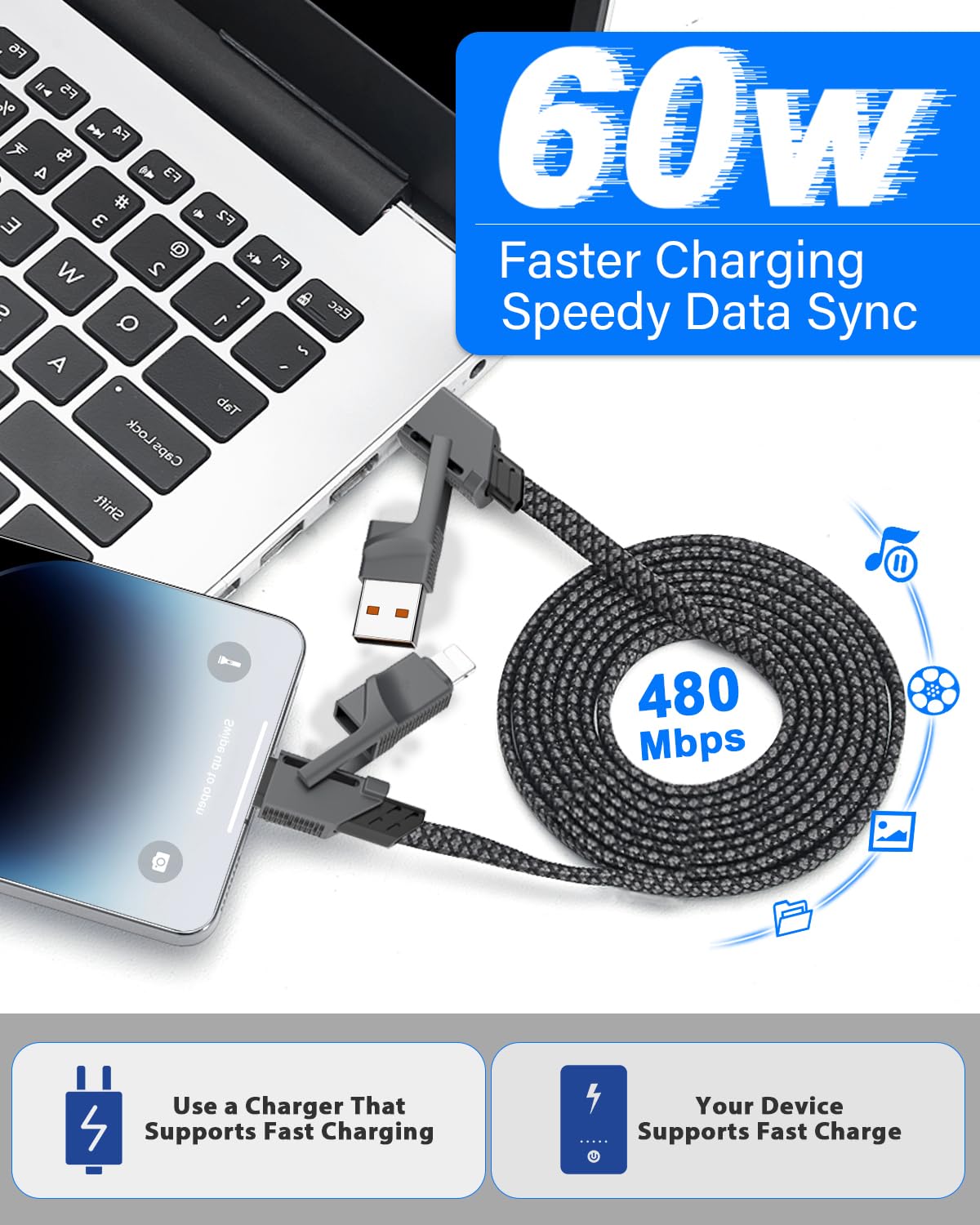 4-in-1 Zinc Alloy Data Cable Dual-Head 66W Braided Fast Charging Cable  + PD 2