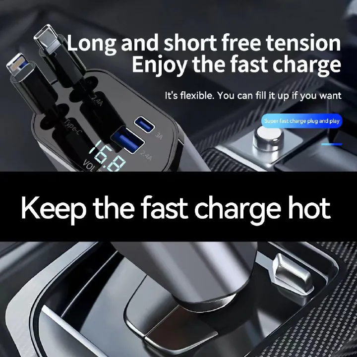 MAX 66W Super Fast Car Phone Charger with Retractable 4-in-1 Charging Cable and Cigarette Lighter Adapter
