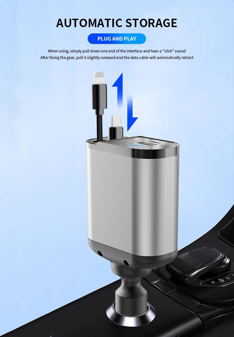 MAX 66W Super Fast Car Phone Charger with Retractable 4-in-1 Charging Cable and Cigarette Lighter Adapter