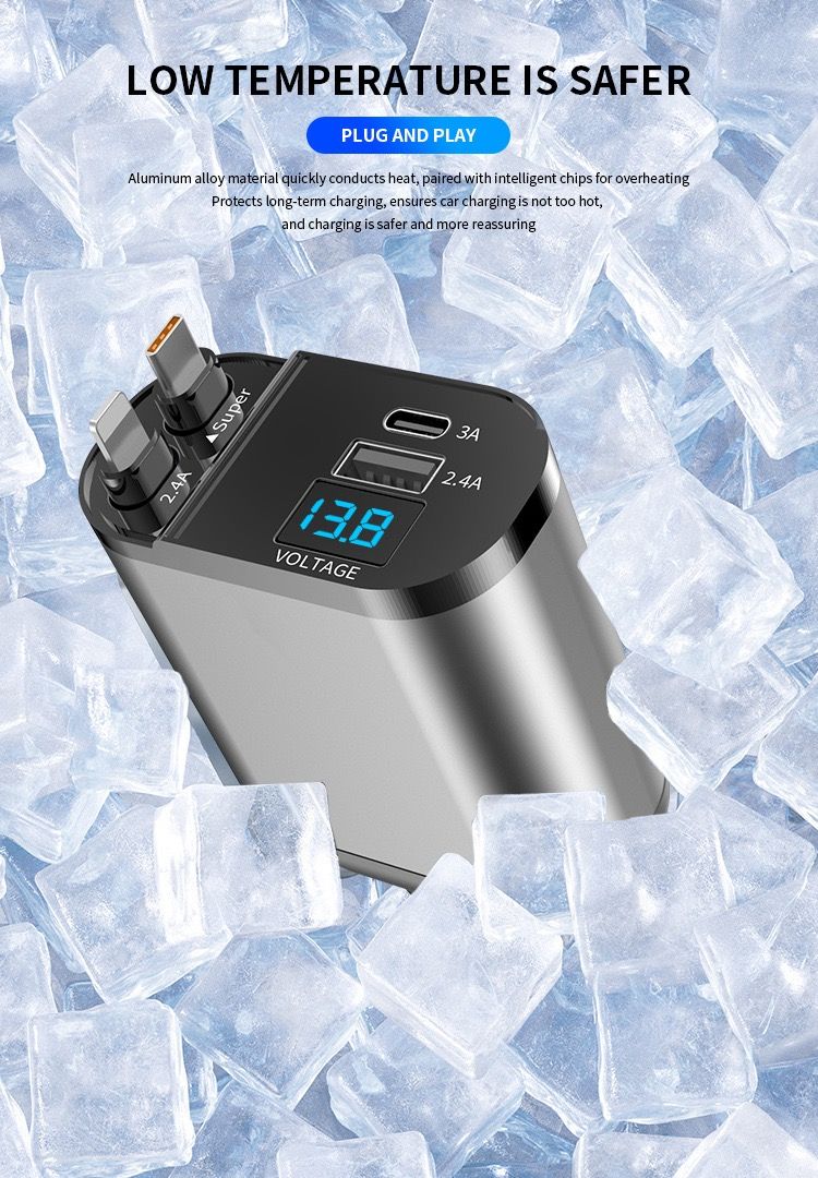 MAX 66W Super Fast Car Phone Charger with Retractable 4-in-1 Charging Cable and Cigarette Lighter Adapter