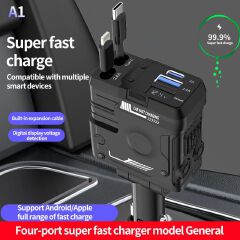 4-in-1 Car Charger with Super Fast Charging, Retractable Cables, Mecha-Style Design, and Screen Display