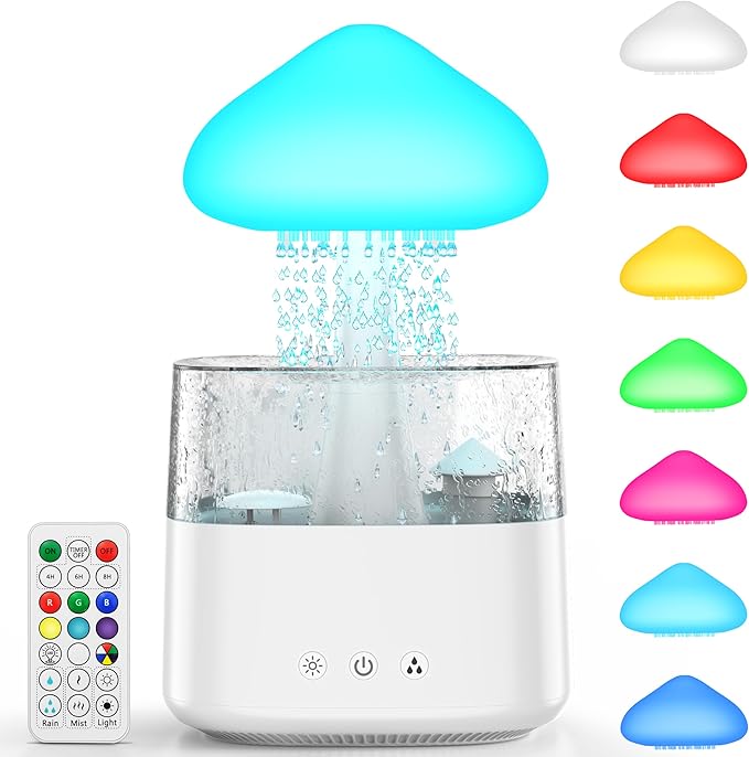 Rain Humidifier with 5 Essential Oils, Mushroom Humidifier with 7 Changing Colors Night Lights, Rain Sound Cloud Humidifier Water Drip Desk Bedside Water Drop Sound