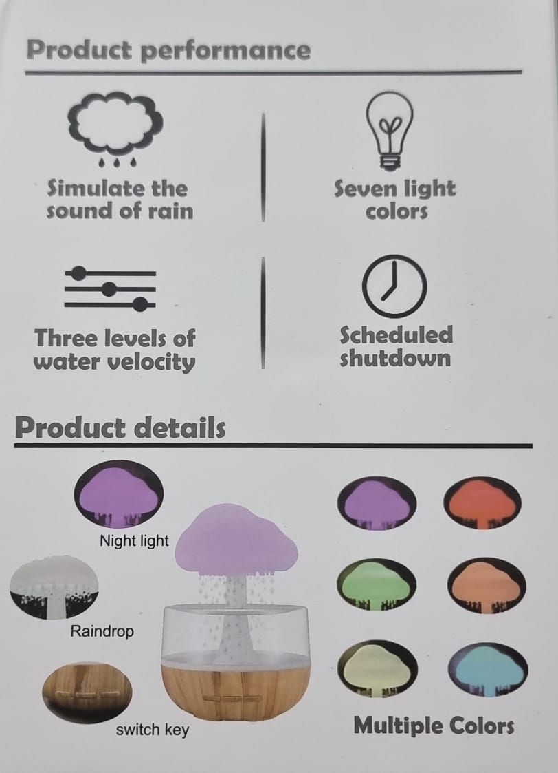 Rain Humidifier with 5 Essential Oils, Mushroom Humidifier with 7 Changing Colors Night Lights, Rain Sound Cloud Humidifier Water Drip Desk Bedside Water Drop Sound