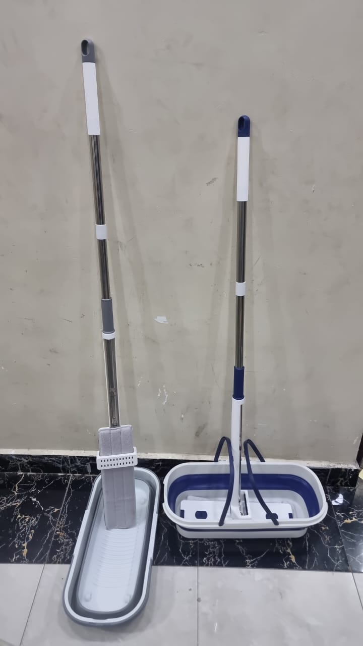 Self wringing hand wash free Flat mop with foldable bucket now available in 2 colour scheme