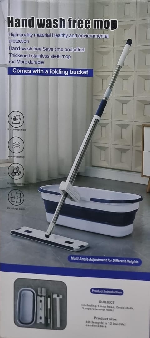 Self wringing hand wash free Flat mop with foldable bucket now available in 2 colour scheme