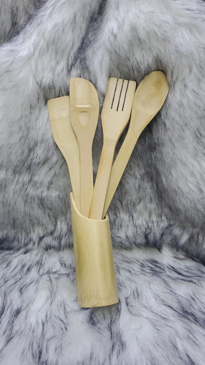 MWIKO Bamboo Utensil Set 5 PCS Kitchen Cooking Tools for Nonstick Pots Pans Cookware Spatula Mixing Utensils Bamboo Dinnerware Sets