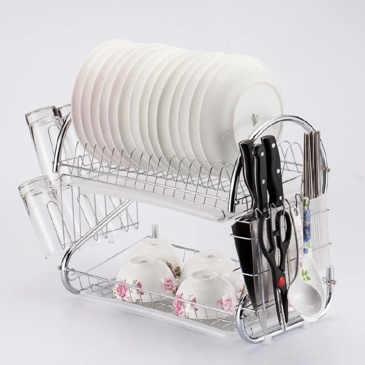 2 Layer Stainless Steel Dish Rack 2 Tier Kitchen Utensils Organizer