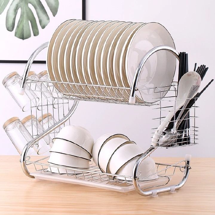 2 Layer Stainless Steel Dish Rack 2 Tier Kitchen Utensils Organizer