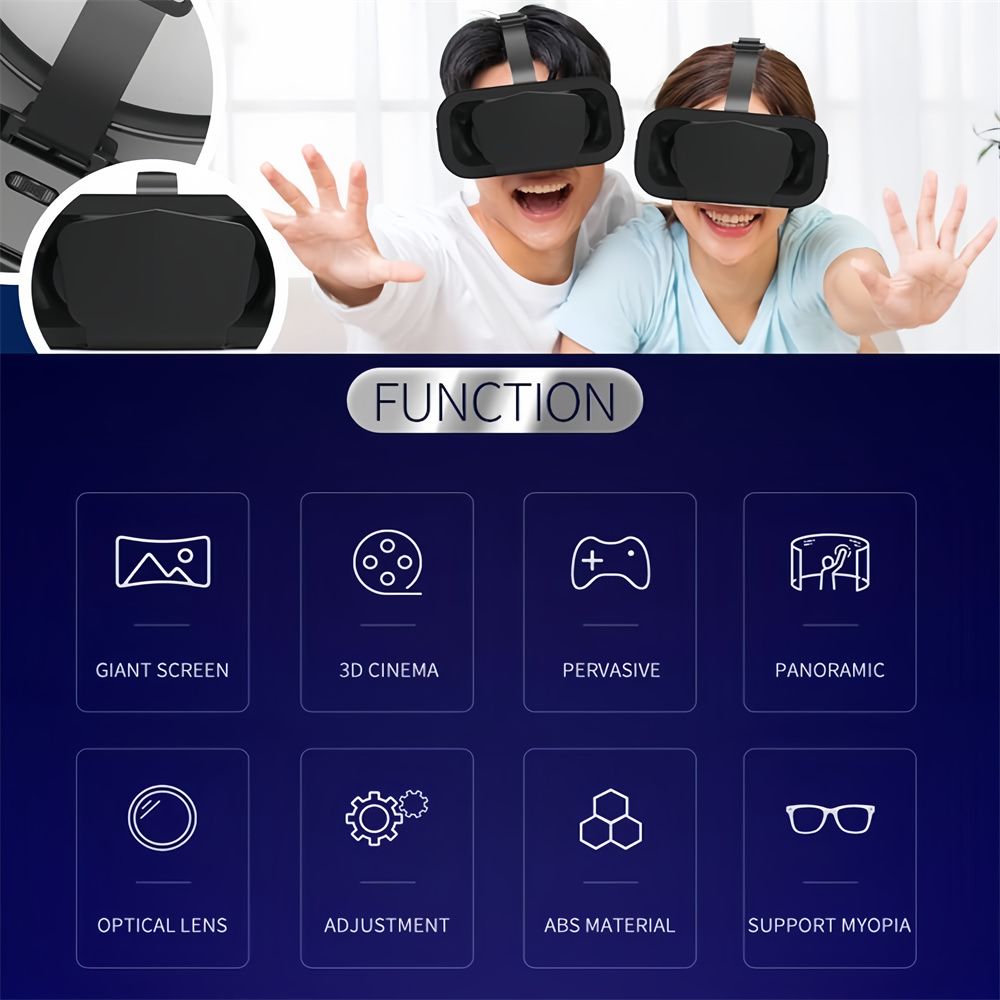 3D VR Glasses Virtual Reality Supports 360° Panorama Large Screen Adjustable Pupil Distance Compatible with 4.7-7.2 Inch Smartphones Suitable for VR Glasses for Movie Games (Black)