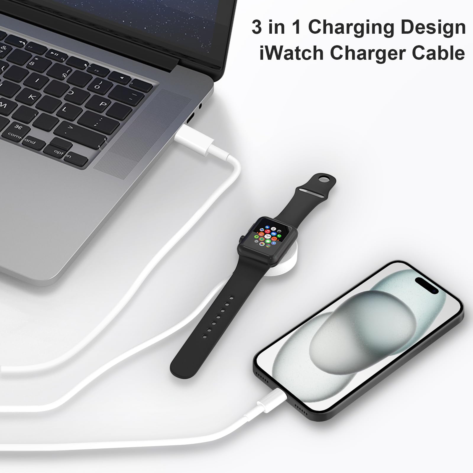 USB C Watch Charger, 3 in 1 Phone 15 USB C for iWatch Charger Lightning Data Cable Fast Charging Charger, 4ft Cable with 12W Port Travel Charger for Watch SE/SE2/9/8/7/6/5/4, for Phone 14/13/12 /11