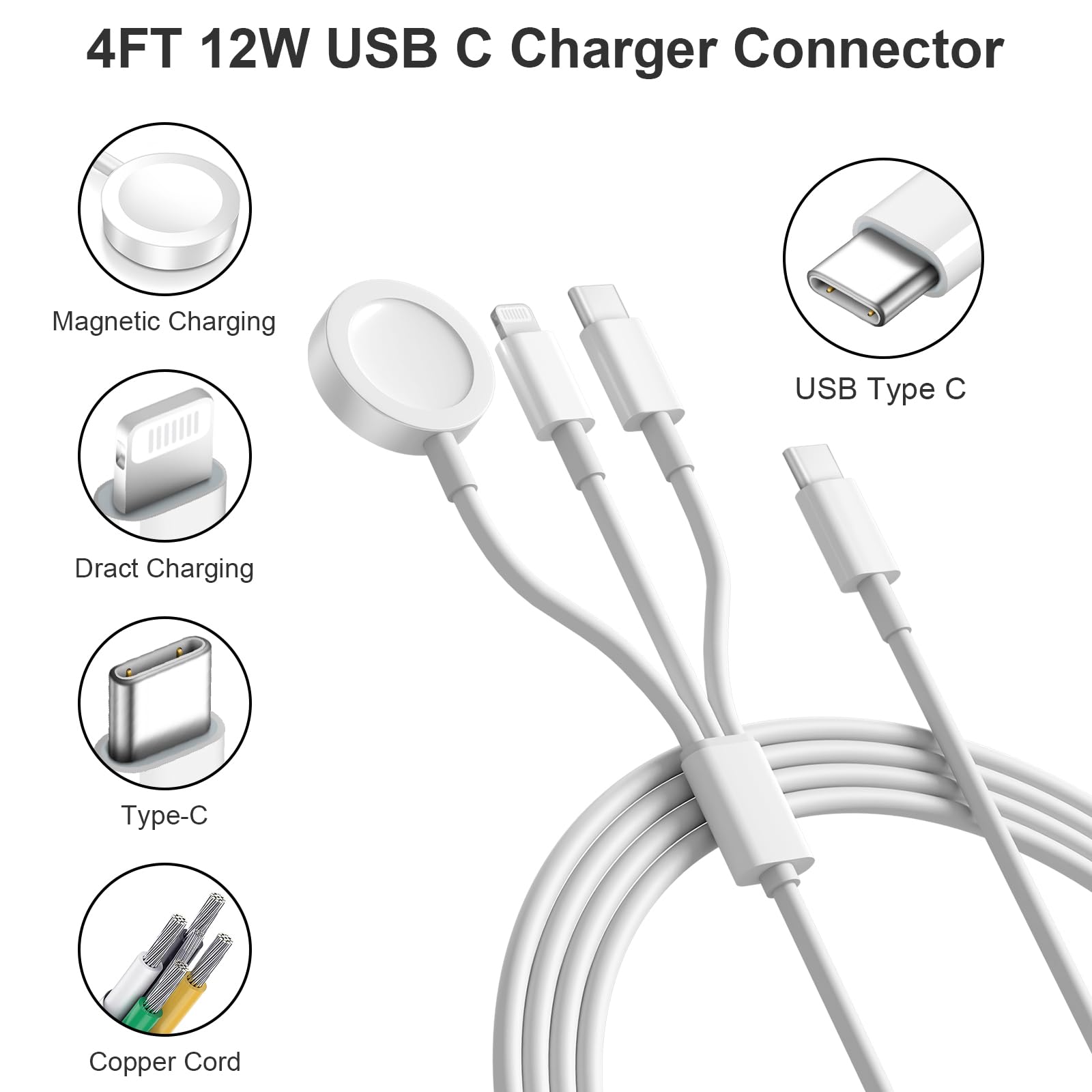 USB C Watch Charger, 3 in 1 Phone 15 USB C for iWatch Charger Lightning Data Cable Fast Charging Charger, 4ft Cable with 12W Port Travel Charger for Watch SE/SE2/9/8/7/6/5/4, for Phone 14/13/12 /11