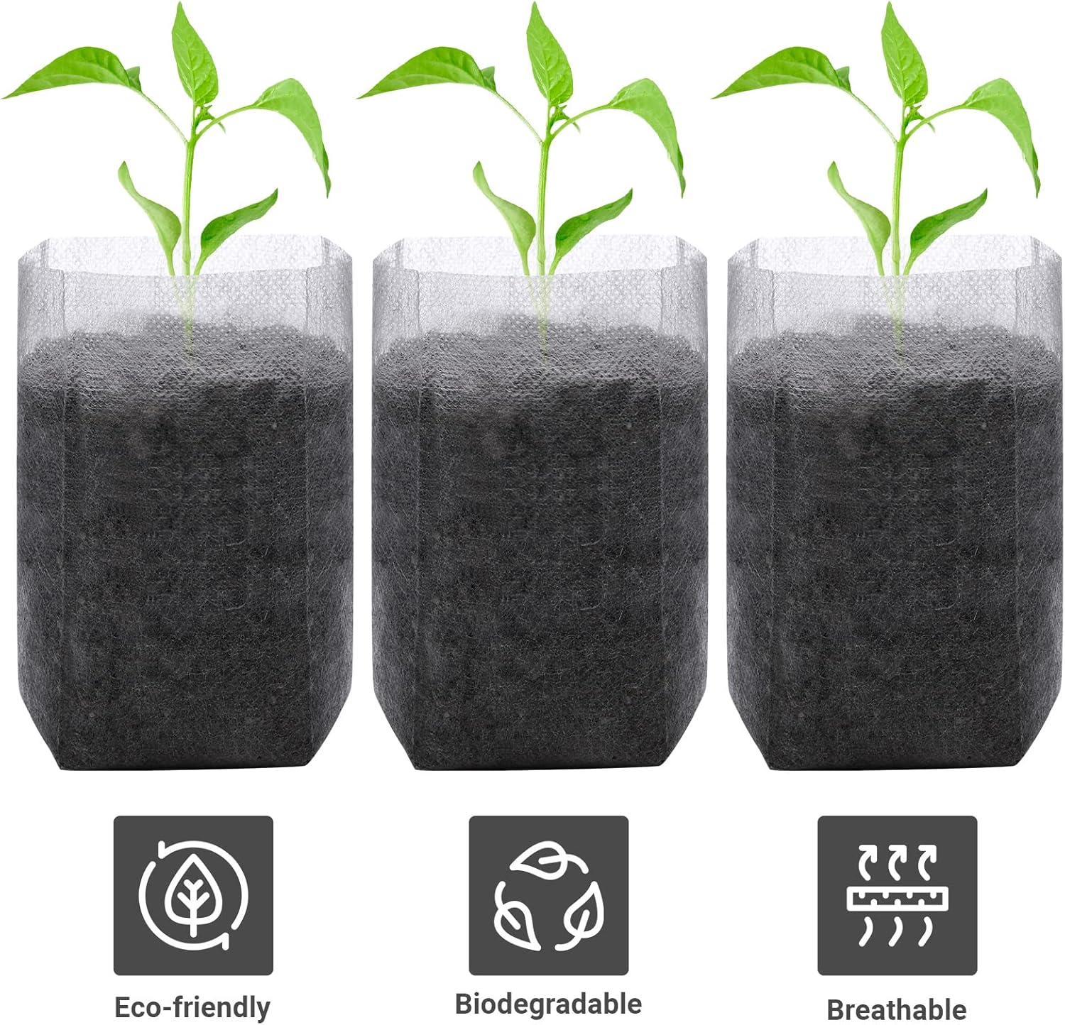 200pcs Biodegradable Plant Bags, (Multiple Sizes Available) Non-Woven Seedling Bags for Planting, Garden Seed Bags, Transplant Pot Plant Bags for Vegetables, Flowers, Indoor and Outdoor