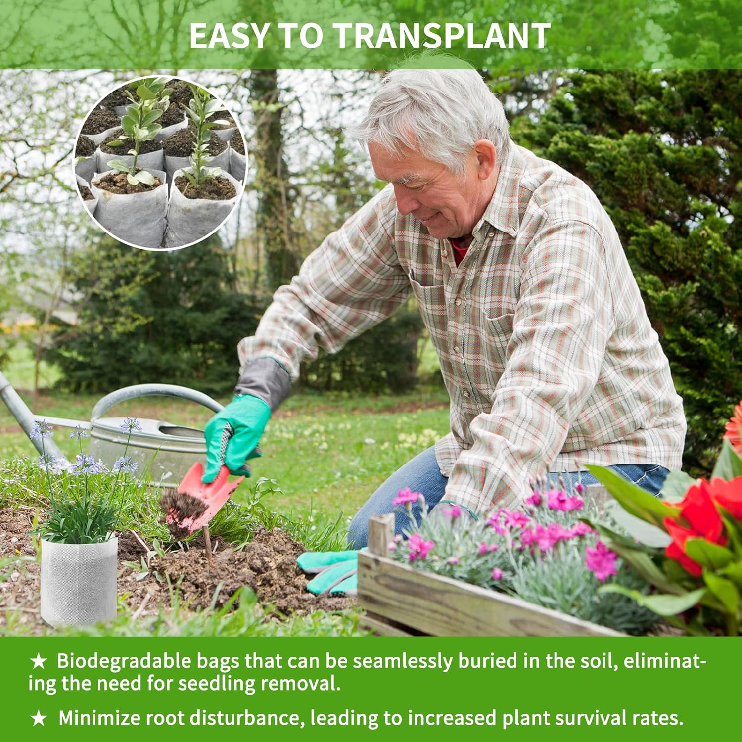200pcs Biodegradable Plant Bags, (Multiple Sizes Available) Non-Woven Seedling Bags for Planting, Garden Seed Bags, Transplant Pot Plant Bags for Vegetables, Flowers, Indoor and Outdoor