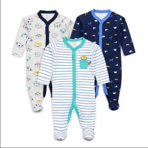 3-Pack Assorted Baby Sleepsuits | Soft Cotton Zip-Up Rompers for Boys, Girls & Unisex | Comfortable & Breathable Sleepwear for Newborns & Infants
