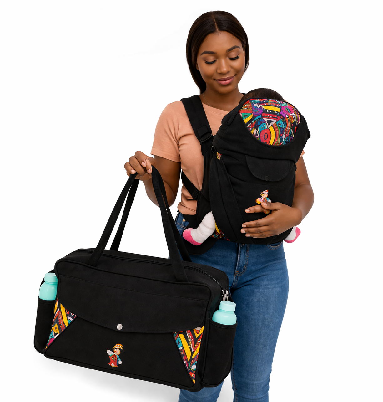 Baby Carrier and Ankara Baby Bag Combo – Comfortable Carrier with Stylish Multi-Use Diaper Bag