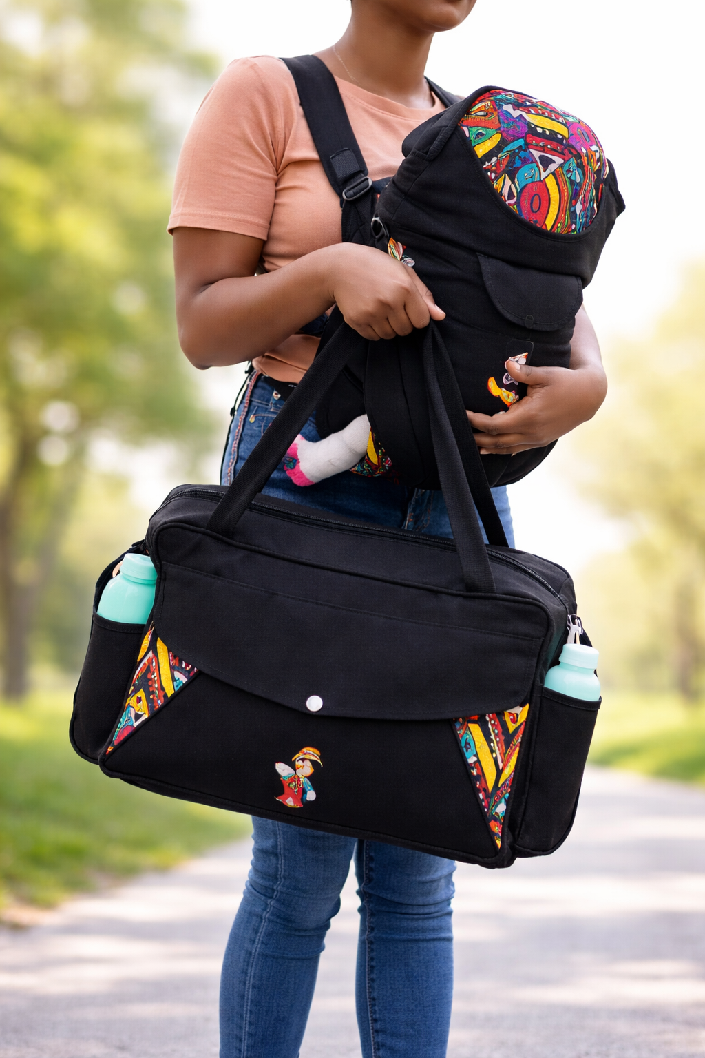 Baby Carrier and Ankara Baby Bag Combo – Comfortable Carrier with Stylish Multi-Use Diaper Bag