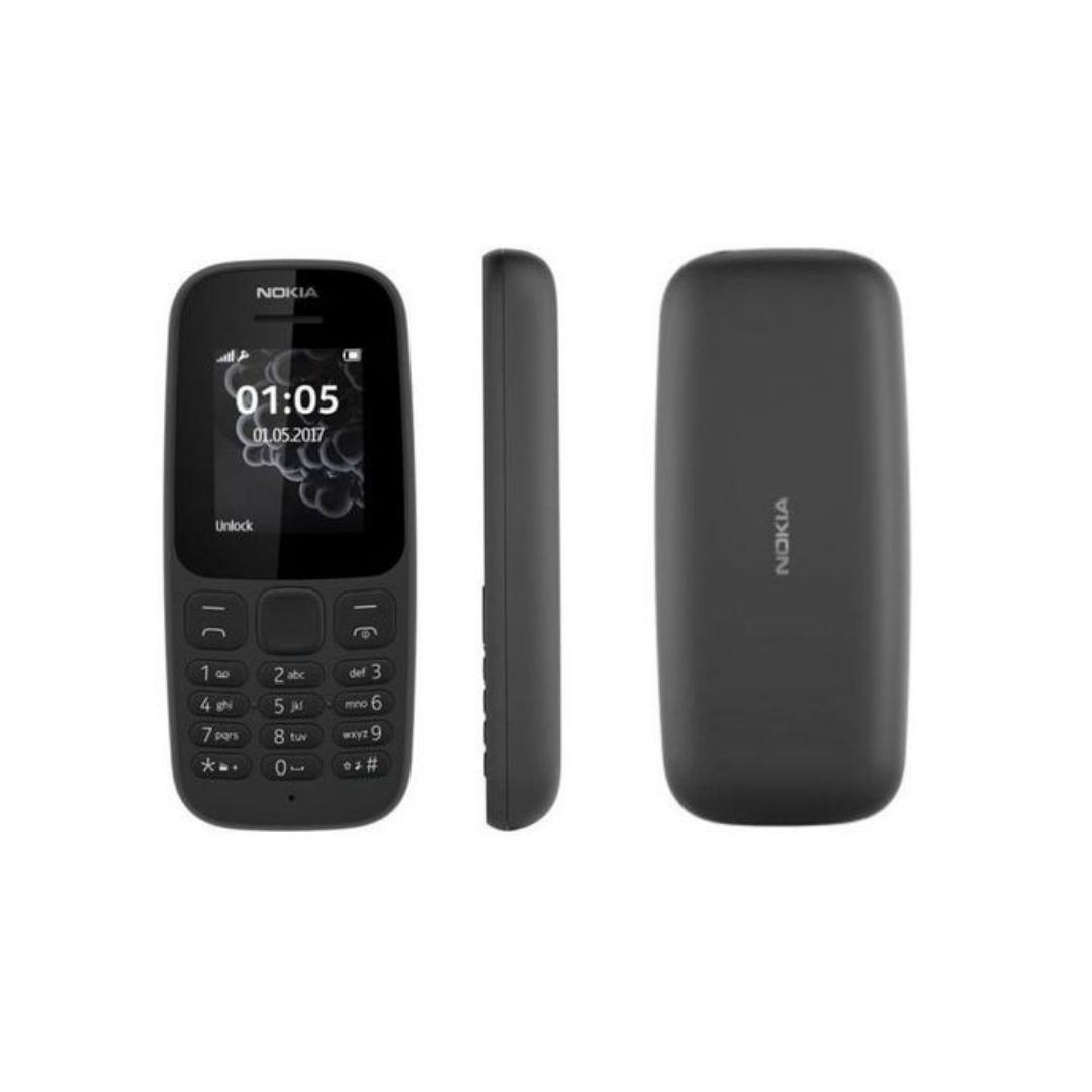 NOKIA 105.  Display 1.77′
Dual sim
Internal:4MB 4MB RAM
Resolution:120*160 pixels
Fm radio
800mAh removable battery
3.5mm Jack
New island keymat with separated keys for greater usability
Tough polycar
