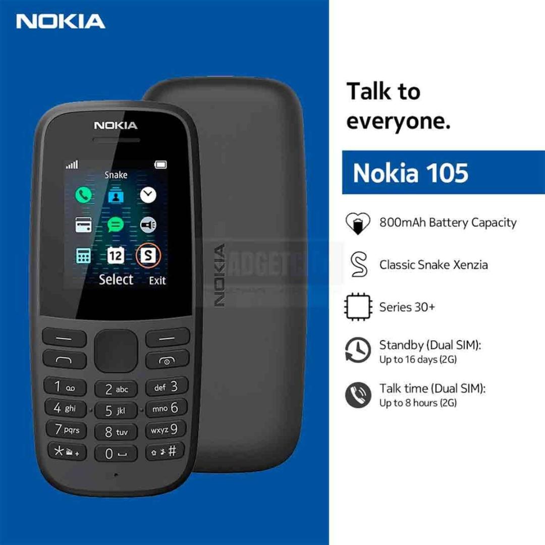 NOKIA 105.  Display 1.77′
Dual sim
Internal:4MB 4MB RAM
Resolution:120*160 pixels
Fm radio
800mAh removable battery
3.5mm Jack
New island keymat with separated keys for greater usability
Tough polycar