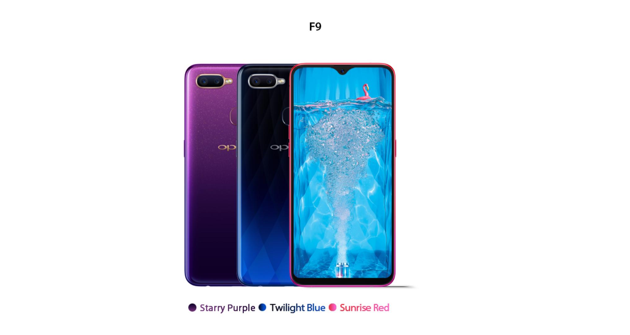 OPPO F9 

Color: Twilight Blue, Starry Purple
Operating System: ColorOS 5.2, based on Android 8.1
Processor: MTK P60
GPU: ARM Mali-G72 MP3 800MHz
Battery: 3500mAh (TYP) 3415mAh (MIN)
RAM: 4GB/6GB
Stor