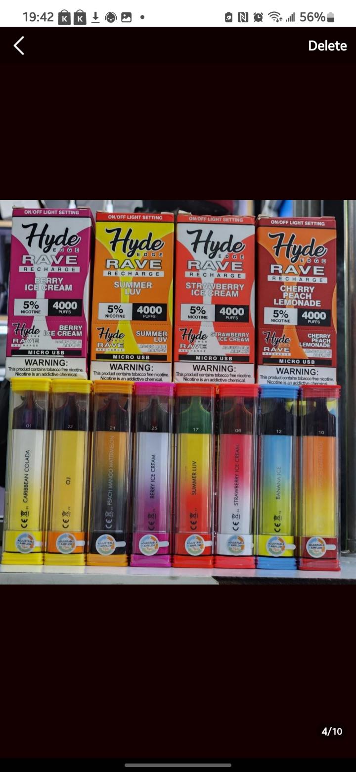 Hyde Edge 50mg 4000 Puffs Vape The Hyde Edge Rave Disposable Vape is a compact and powerful vaping device. It offers an impressive 4,000 puffs, making it long-lasting. Available in 50mg (5.0%) nicotin