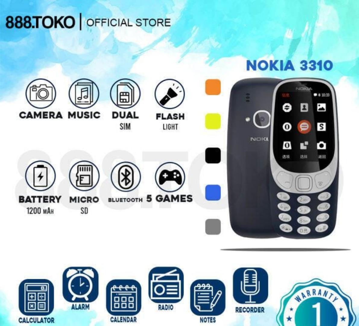 NOKIA 3310. 2.4 Inch QVGA Display

MicroSD Upto 32GB

Dual Normal SIM

2MP Camera With LED Flash

FM Radio

MP3 Player

Bluetooth 3.0 With SLAM

Nokia Series 30+ OS

1200 MAh Battery

12 months warran