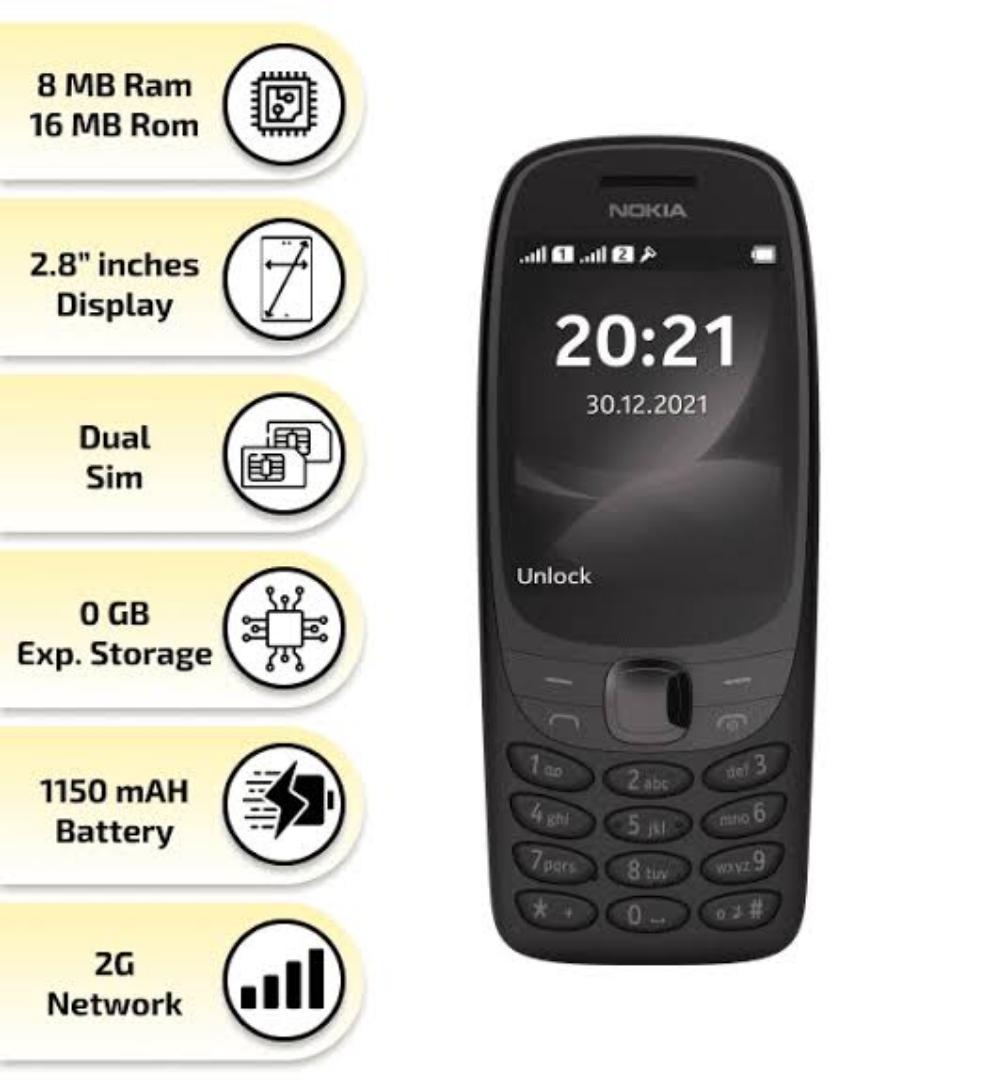 NOKIA 6310: Nokia 6310 (2021) phone. Announced Jul 2021. Features 2.8″ display, Unisoc 6531F chipset, 1150 mAh battery, 16 MB storage, 8 MB RAM.