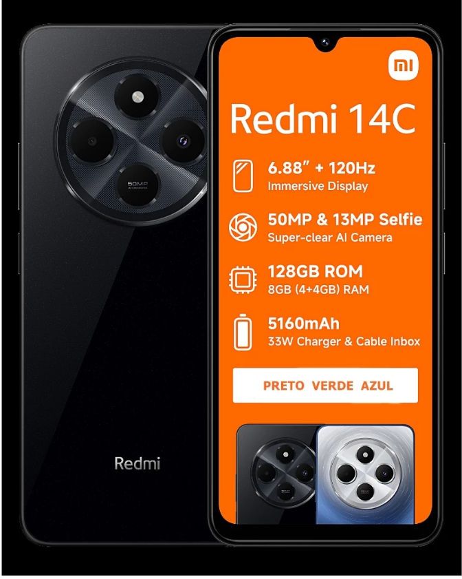 XIAOMI Redmi 14C 256GB Storage Up to 8GB Ram 50MP AI Dual Camera Immersive 6.88" HD+ Display Up to 120Hz Refresh Rate Dual Sim 5160mAh Type Battery Elegant Glass Back Cover Smart PhonE.