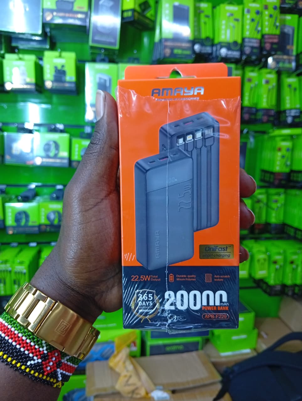 Amaya APB-P229 20000mAh anti-scratch texture power bank with built in Micro, Type C, Lightning & recharging cables