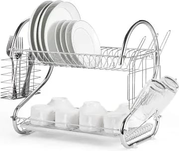 DISH RACK. 2 layer stainless dishrack, curved stainless steel handles on both sides make it easy to lift and move the drainer. Easy to clean for your convenience, Easily assembled.