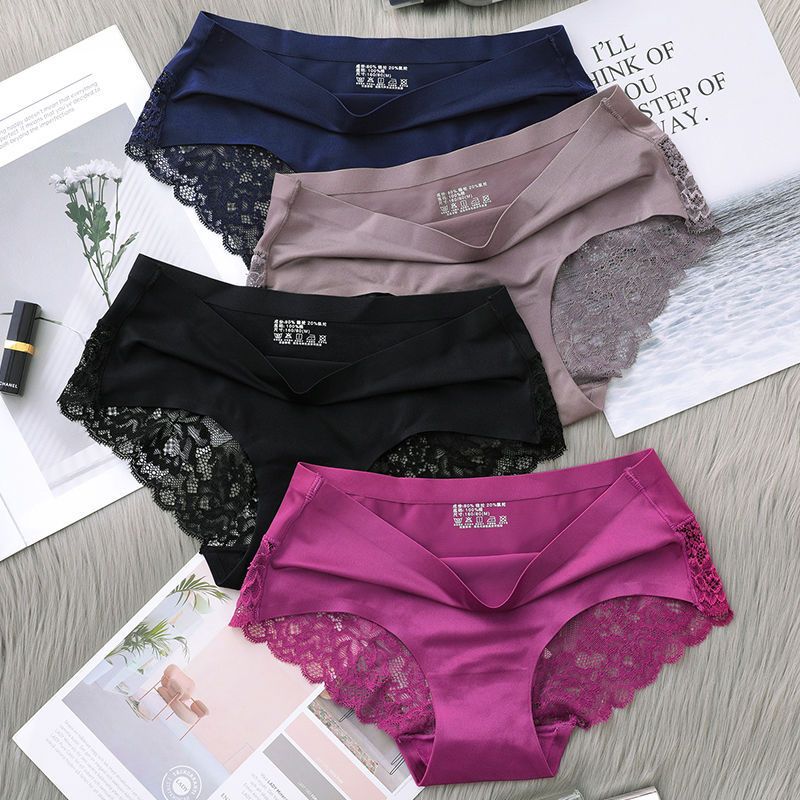5Pcs Girl Soft Lace Panties Ice Silk Seamless Plus Size Underwear Women Briefs Underpants