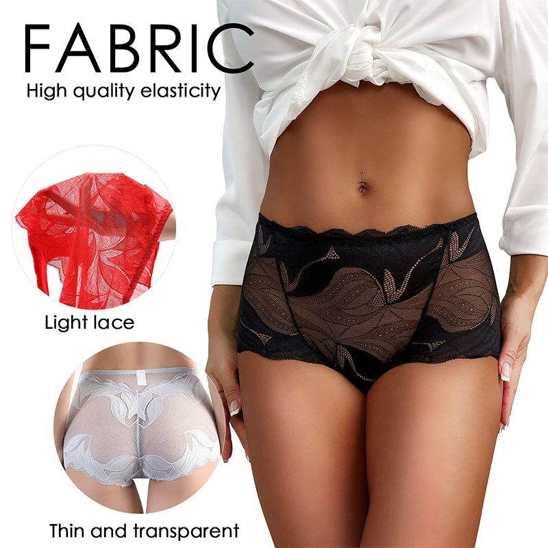 5 Pcs Women Underwear Lace Panties Mid Waisted Hollow Out Transparent Mesh Plus Size Ladies Seamless Butt Lift Brief