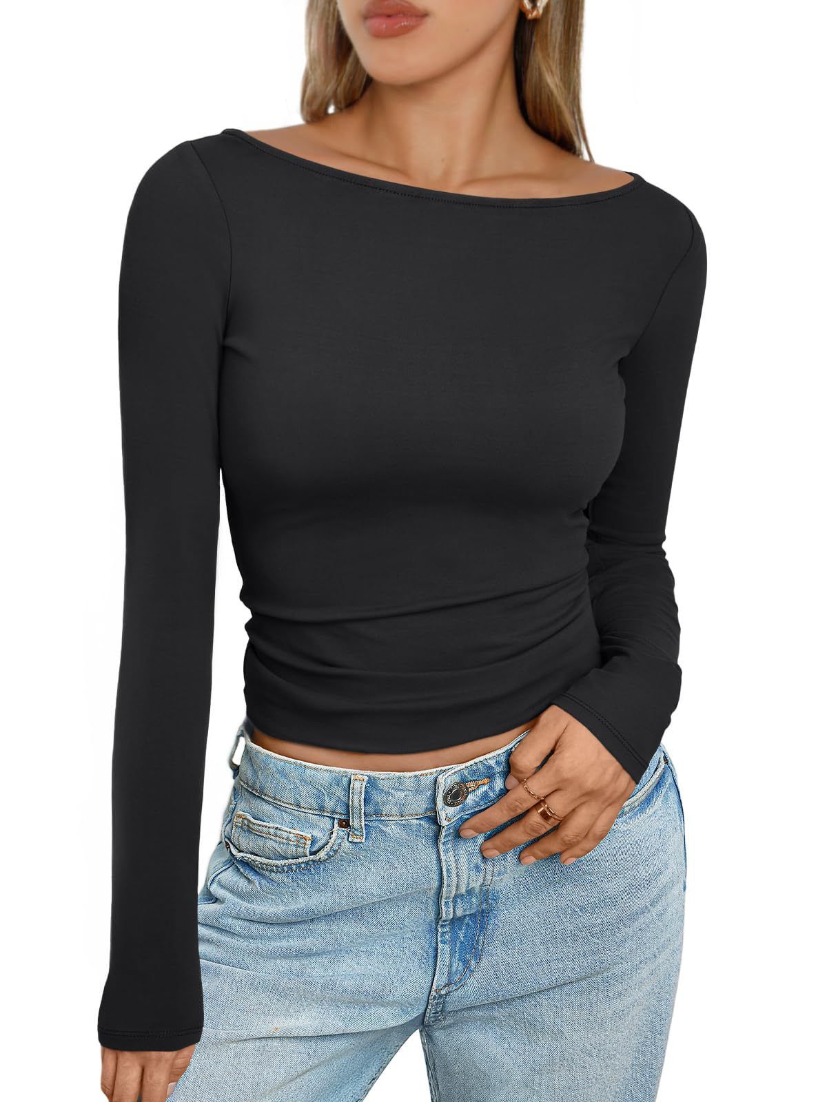 2024 Fall Womens Long Sleeve Shirts Going Out Boat Neck Tops Slim Fitted Tshirts Tight