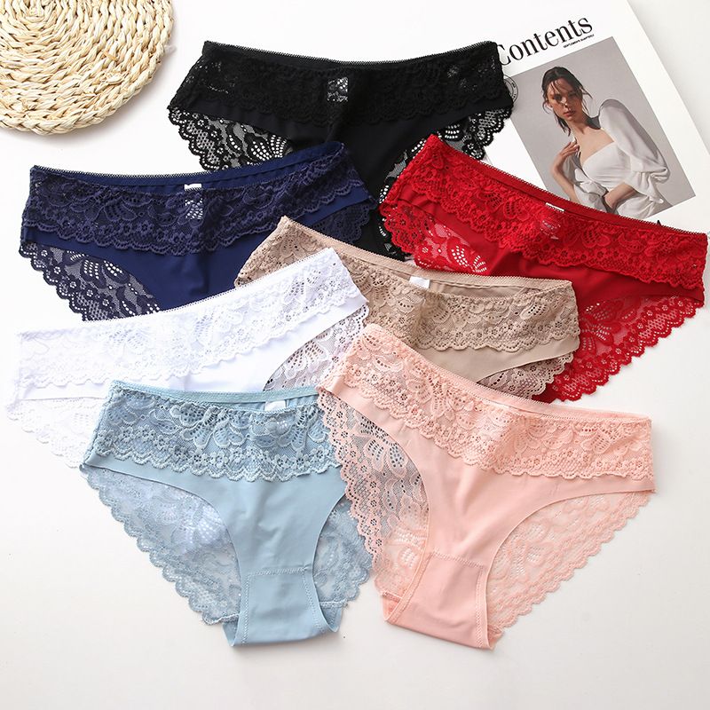 4 Pack Women Lace Panties Hollow Out Embroidery Underwear Solid Underpants Bow Panties Low Waist Lace Briefs