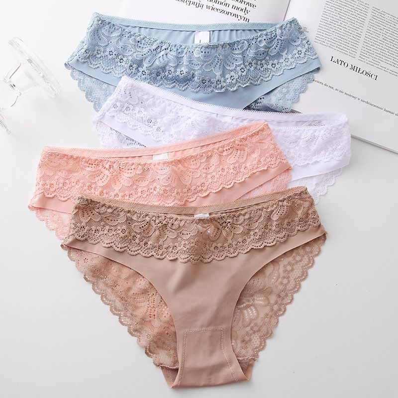 4 Pack Women Lace Panties Hollow Out Embroidery Underwear Solid Underpants Bow Panties Low Waist Lace Briefs